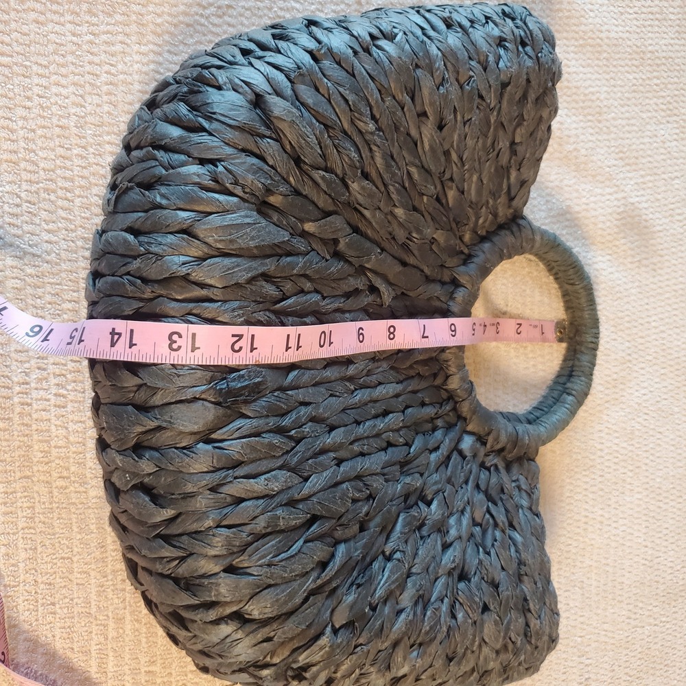 Bujibaja Charcoal Gray Woven Straw Fan Tote Bag Circular Handle Summer Beach - Picture 2 of 10